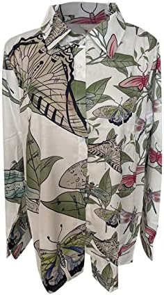 Camiseta superior para mulheres 2023 linho de manga comprida Botão de pescoço de pescoço de Butterfly