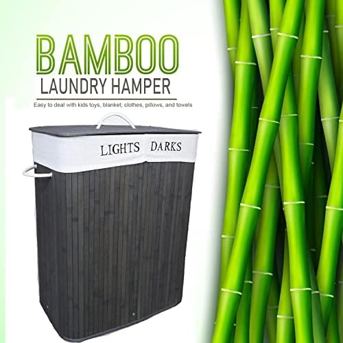 Cesto de roupas de bambu cesto de lavanderia com tampa e alças, bolsa de revestimento removível