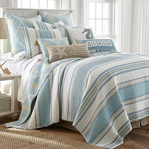 Levtex Home - Kailua Quilt Set - King Quilt + Two King Pillow Shams - Stripe - Blue Teal Taupe Cream -