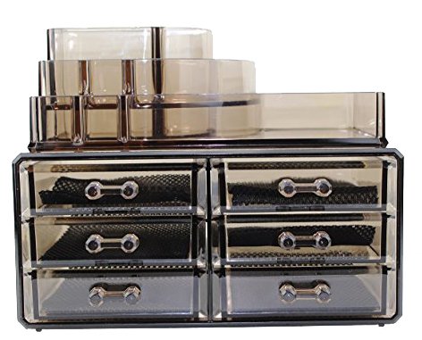 Organizador de jóias de jóias de maquiagem de cosméticos de acrílico preto 6 gavetas com 8 compartimentos da seção