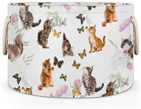 Gatos gatinhos borboleta grandes cestas redondas para cestas de lavanderia de armazenamento com alças cestas