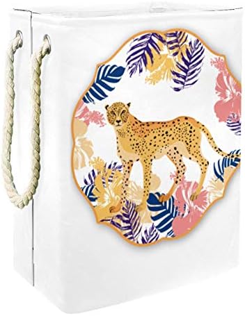 Indicultura de lavanderia cesto de leopardo em folhas tropicais coloridas círculos círculos de lavanderia
