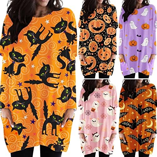 Camisolas longas da Zefotim para mulheres, senhoras Casual Casual 2022 Halloween camisa de manga comprida