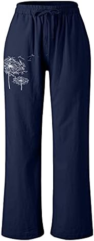 Calça de linho de algodão calças casuais de verão com bolsos soltos de cordão solto e elástico alta cintura alta