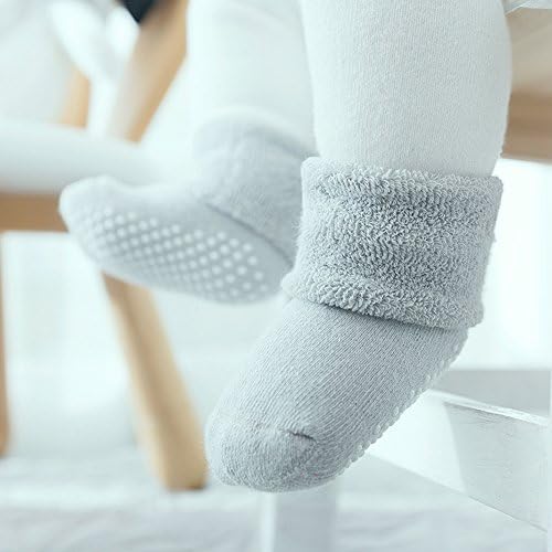 Vwu Ankle Crew meias com garras, bebês crianças unissex quentes de algodão grosso 0-6t 6-pacote