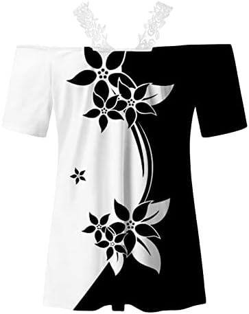 Camisetas pullover feminino primavera no verão de renda estampada casual manga curta V camiseta