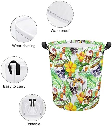 Hibaiiano Hibiscus e cestas de lavanderia de caveira tropical com alças de roupas redondas dobráveis ​​à prova