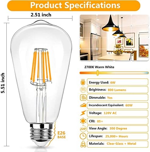 6 pacote st64 lâmpadas Edison e26 lâmpada LED 60 watts Dimmable - 3 pacote 2700k Bulbos brancos quentes