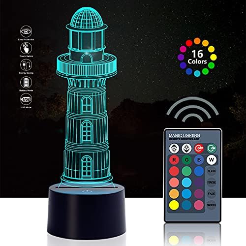 Lâmpada leve da noite do farol 3D, lâmpada de farol 3D 16 variações de cores, design incrível de arte criativa
