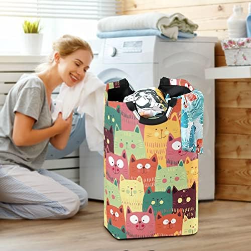 Bolsa de lavanderia Mnsruu com alças, gatos fofos padrão colorido padrão dobrável cesto de roupa dobrável cesto