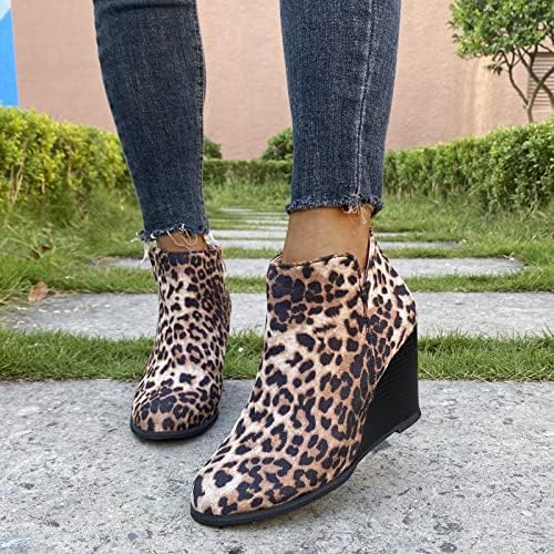 Botas de tornozelo feminino Vintage Leopard Suede plataforma salto de salto curto botas curtas arco de taco