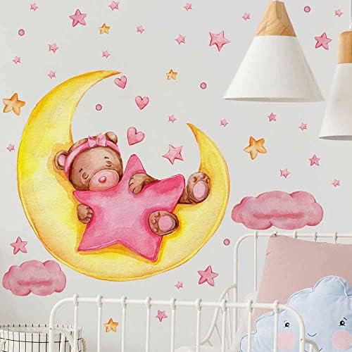 TEDY urso dormindo na lua e estrela adesivos de parede fofos para bebês decoração de quarto doce