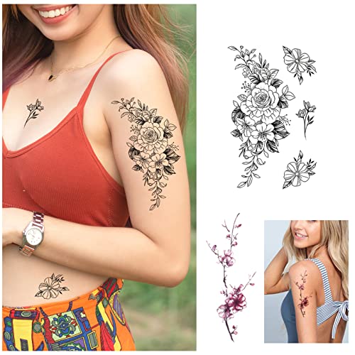 Bnukeye 21 folhas tatuagens temporárias tatuagem falsa para mulheres meninas flor rosa âncora adesivos à prova