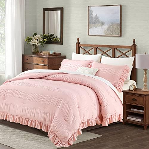 Aleissel blush rosa edredom size size seersucker design com bordas com babados, conjunto de cama rosa de