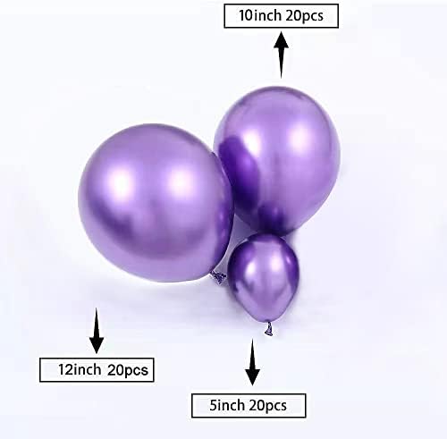 62pcs balões de látex roxos metálicos de vários tamanhos Balão cromado 12/10/5 polegadas Balão de