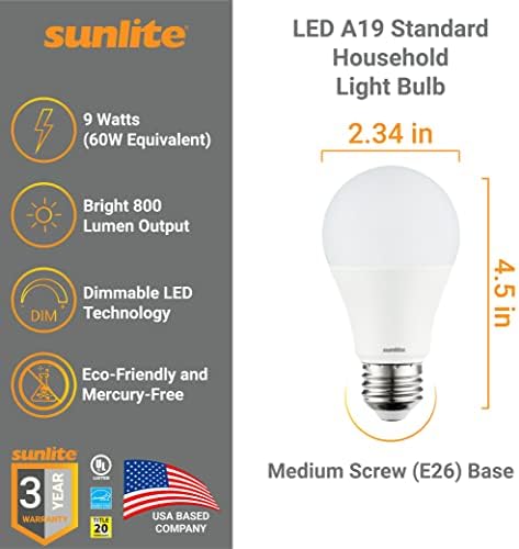 Sunlite 80793 LED A19 Lâmpada doméstica padrão, 9 watts, 800 lúmens, base média, diminuição, UL listada,