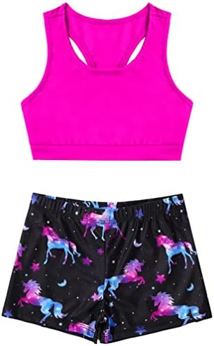 Yonghs Kids Girls Sports Sports Tankini Crop top com shorts de botão de baixo para roupas de dança
