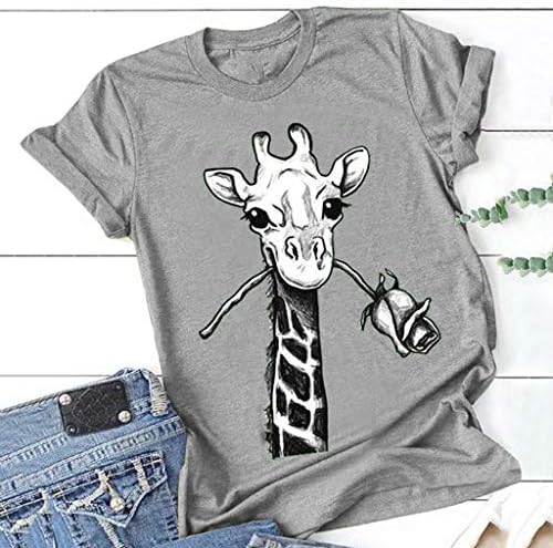 Tees gráficos de animais engraçados femininos impressão de girafa impressão casual de manga curta de verão t-shirt
