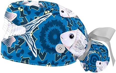 2pcs Capinho de trabalho com fita de botão ART Back Art Fish Pattern Ponytail Chapes para mulheres