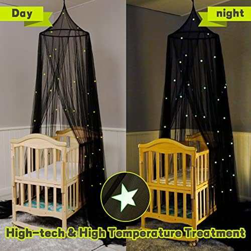 Canopy da cama com estrelas brilhantes nas cortinas escuras da cama preta para berço para bebês,