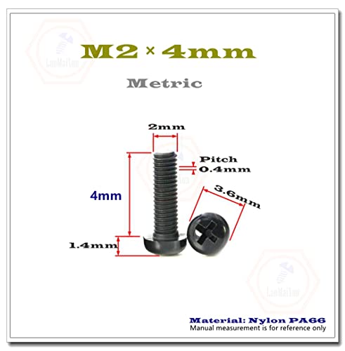 50pcs m2 × 4mm parafuso de máquina de nylon, preto, unidade de phillips combinada, cabeça de pan, métrica