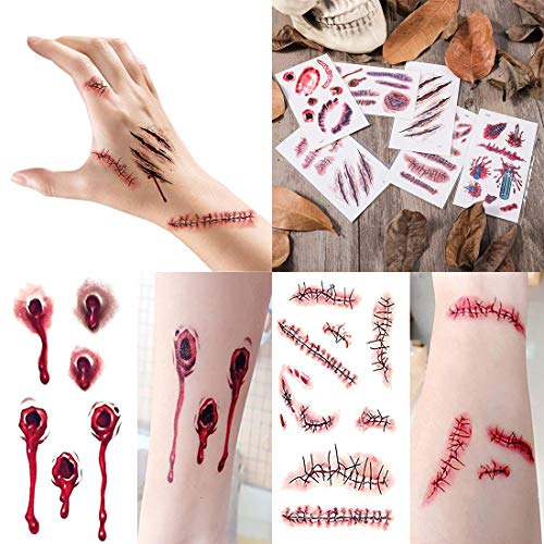Yomiie 30 folhas Halloween Tattoos de cicatrizes temporárias adesivo realista Falsa Bloody Scrant Scra