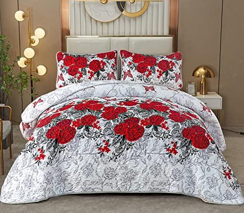 Yiran Red Flower Quilt Set com 2 travesseiros Rose Floral Butterfly Ditread para toda a temporada