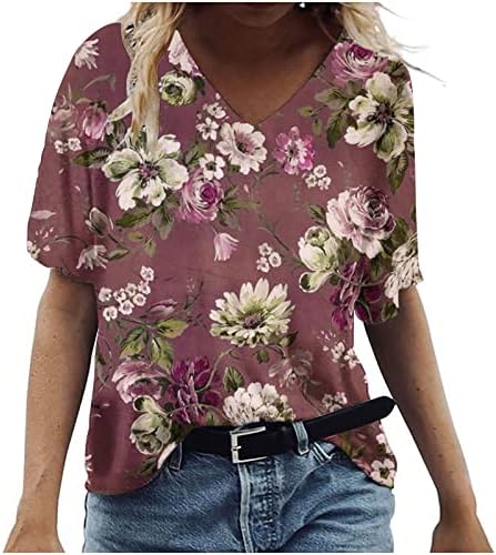 Tops de verão femininos, mulheres casuais com camiseta plus size flores cênicas impressão de decote em V