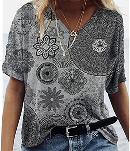Fqzwong feminino de impressão floral top button para baixo de manga curta Camiseta de plata