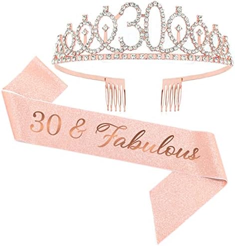 30º aniversário faixa e tiara, presentes de aniversário de 30 anos para mulher, 30 e fabulosa brilho rosa