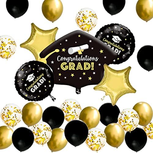 Kit de decorações de festa de formatura preto e dourado, parabéns balões de folha de pós -graduação, balões pretos