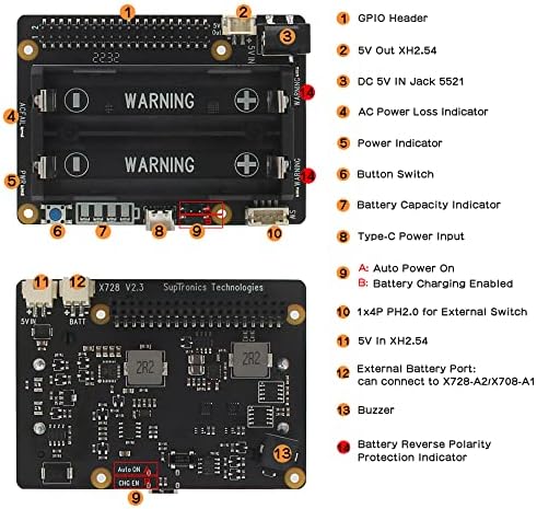 Geekworm Raspberry Pi UPS, X728 v2.3 18650 UPS e Placa de gerenciamento de energia com detecção de perda de