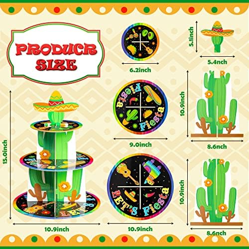 Haooryx mexicano festa cupcake stand decorações de 3 camadas Let's Fiesta cupcake Tower Cactus cactus sombrero