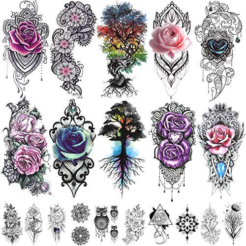 20 lençóis Tatuagens temporárias de flores de renda para mulheres, grandes árvores realistas de tatuagem de