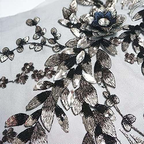 N/A Tecido preto Flores 3D Flores contas lantejoulas Apliques de shinestone Bordado Encontras de renda Mesh costurar