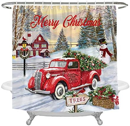 WENCAL Feliz Natal Vermelho Red Vintage Truck Curtain Tree Winter Snowman Snowman Rússico Retro Farmhouse