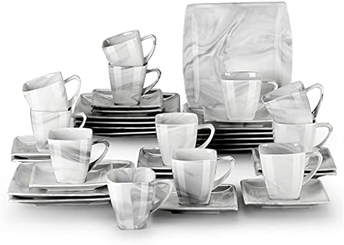 Twdyc 18/36pcs Marble Grey Porcelain Ceramic Drinkwarware com xícaras de café, pires e placas de sobremesa para