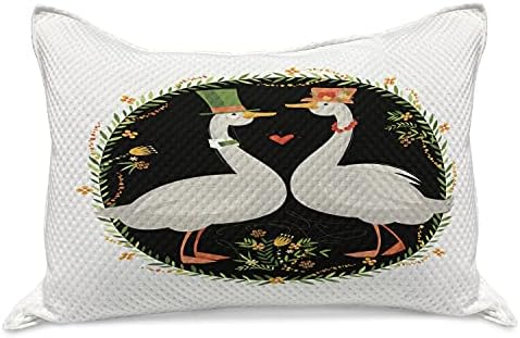 Ambesonne Goose malha de colcha de travesseiros, composição de estilo retrô de um casal de animais apaixonado