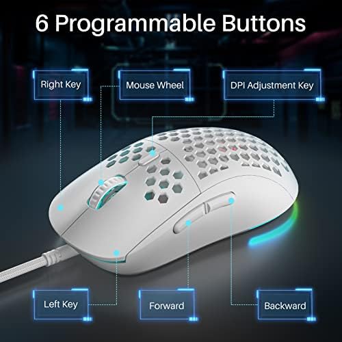 Dierya Wired Gaming Mouse, sensor óptico de 12800dpi, 6 botões programáveis, mouse de favo de mel