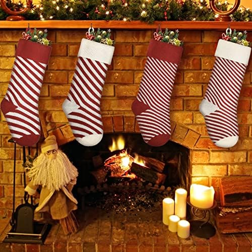 4 pacote meias de faixa de Natal 18 polegadas Knit Christmas Meias de Natal Grelas Listras de Natal Red Stripe