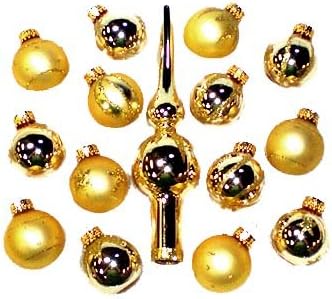 Conjunto de Kurt Adler de 15 enfeites de Natal de Ball Gold Mini Glass e Topper Finial Tree