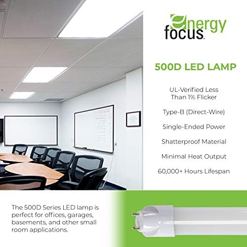 Energy Focus 500d Series T8 LED Lamp, 5000k, 20w, 4ft, lente transparente, poder direto, poder