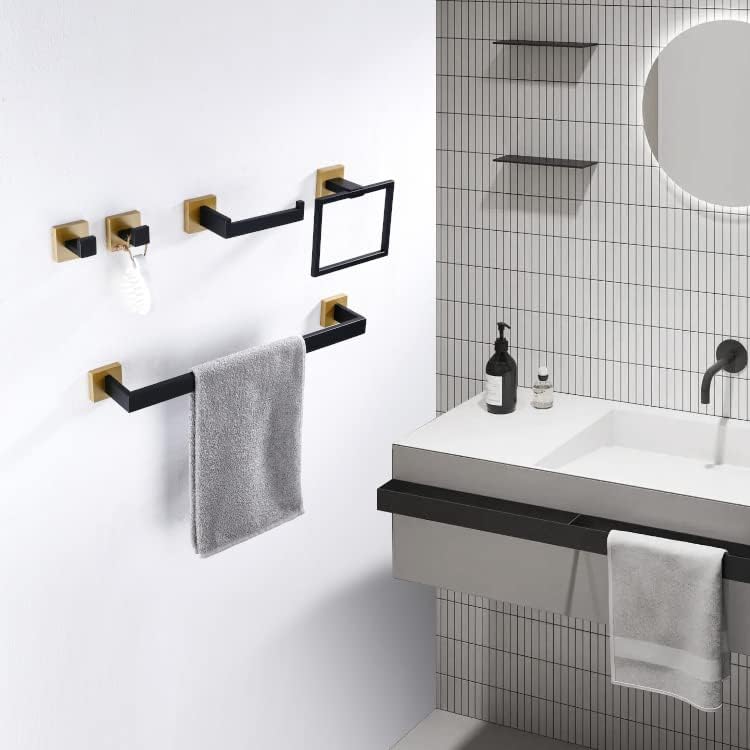 Hardware do banheiro Conjunto de ouro e mato quadrado preto aço inoxidável Sus304 Rack de toalha montado na parede,
