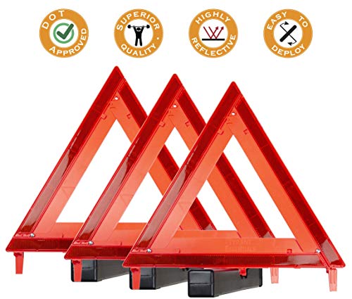 Triângulos de aviso de segurança de emergência tiranos - kit de beira de estrada para carro, caminhão e veículos RV - DOT aprovado, altamente reflexivo, dobrável com caixa de transporte, pacote de 3