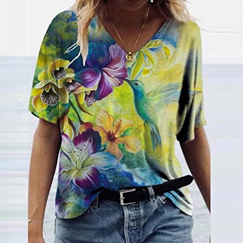 Tops de manga curta feminina Tops de colorido de flor de flor camiseta de túnica casual Camisetas de