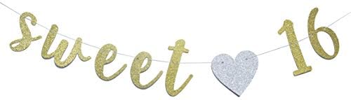 Sweet 16 Banner Gold Glitter com coração para decoração de festas de 16º aniversário suprimentos pré-estrondos