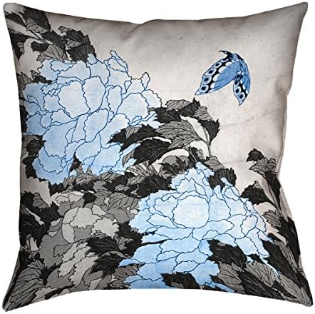 Artverse HOK055P2626C PEONIES E BORBERFLY com travesseiro de detalhes em azul, 26 x 26