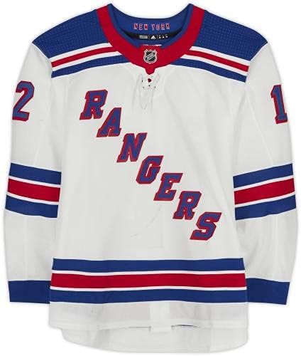 Julien Gauthier New York Rangers Usado 12 White Set 2 Jersey usado durante os jogos disputados entre