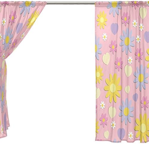 Flores florais no fundo rosa cortinas semi-pura das cortinas de janela painéis de painéis Tratamento-55x84in