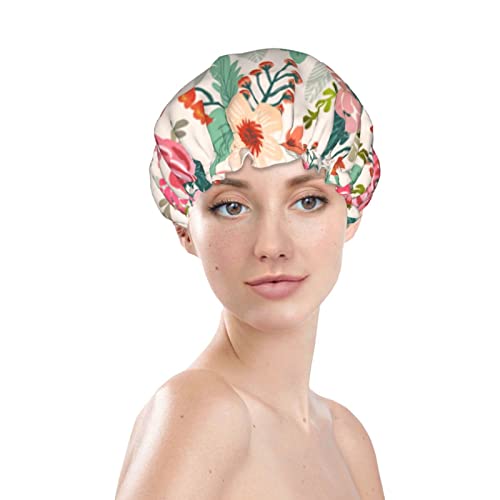 Floral Flores Tampa de chuveiro impresso, chapéu de banho de camadas duplas para mulheres tampas de banho